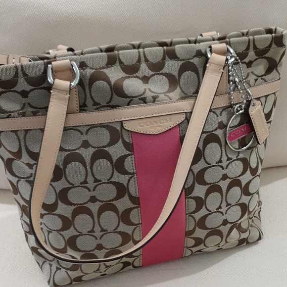 Coach Handbags - Coach Signature Pink strip Tote Coach Handbags - Coach Signature Pink strip Tote